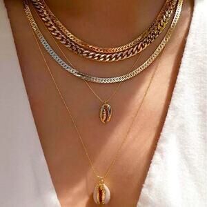 Gold Plated 18K Multilayer Necklace, Chain Link, Paperclip, Cuban, Sea Shell